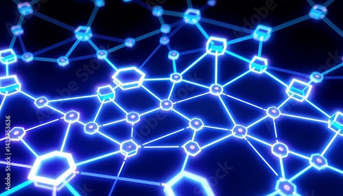 Glowing Blue Geometric 3D Neon Biotechnology Network Illustration on a Dark Background Featuring Interconnected Cubes Hexagons and Spheres in a Modern Tech Style Optimized for Decoration