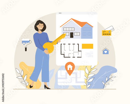 Real estate online. Mortgage loan. Woman buying house or renting apartment, virtual housing tour. Flat vector illustration.