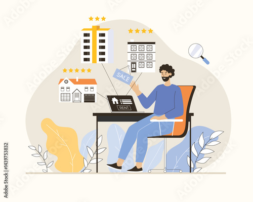Real estate online. Man search for apartment to rent, choosing house online. Flat vector illustration.