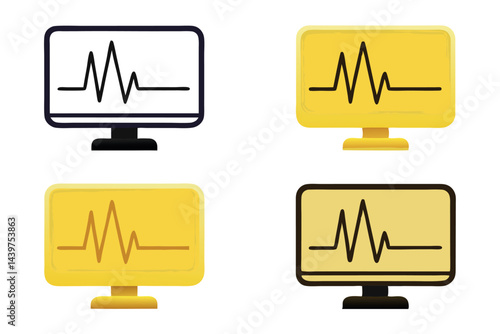 Electrocardiogram with beeping trace line on monitor screen representing heart activity medical icon set