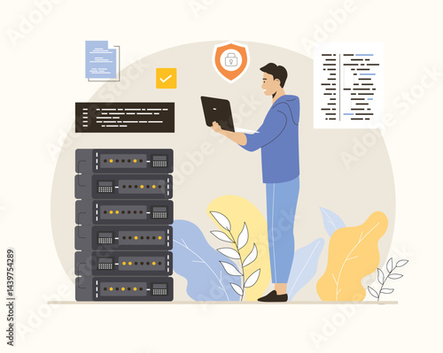 Cloud computing, storage concept. Man developer working at laptop, coding and programming using wireless cloud technology. Flat vector illustration.