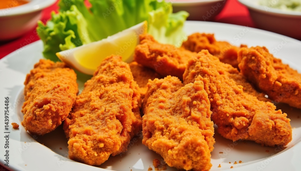 Crispy Fried Chicken Tenders Served With Fresh Salad And Lemon Slice Crispy Fried Chicken Tenders Served With Fresh Salad And Lemon Slice