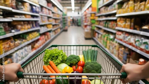 Pushing Shopping Cart Filled with Groceries in Supermarket Aisle