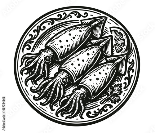 Stuffed squids on plate. Top view vector restaurant seafood.  Freshly prepared molluscs.