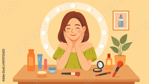 Beautiful Woman Admiring Her Skin in Makeup Room Mirror