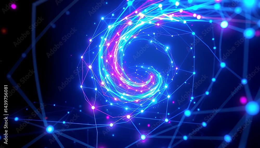 Intricate 3D Neon Biotech Illustration with Spiraling Light Patterns and Interconnected Lines in Deep Blue Background Perfect for Technological or Scientific Visualizations Intricate 3D Neon Biotech Illustration with Spiraling Light Patterns and Interconnected Lines in Deep Blue Background Perfect for Technological or Scientific Visualizations