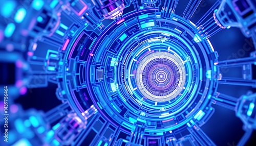 Intricate Blue Neon Biotech 3d Illustration Featuring Circular Patterns and Glowing Accents Perfect for Technology Backgrounds and Modern Digital Art Projects on Dark Background