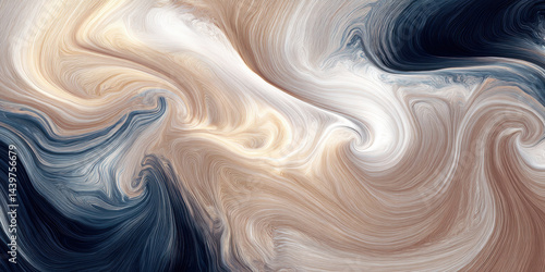 This abstract artwork features a mesmerizing swirl of colors, merging soft beige, deep navy, and creamy white tones, creating a dynamic sense of movement and tranquility.