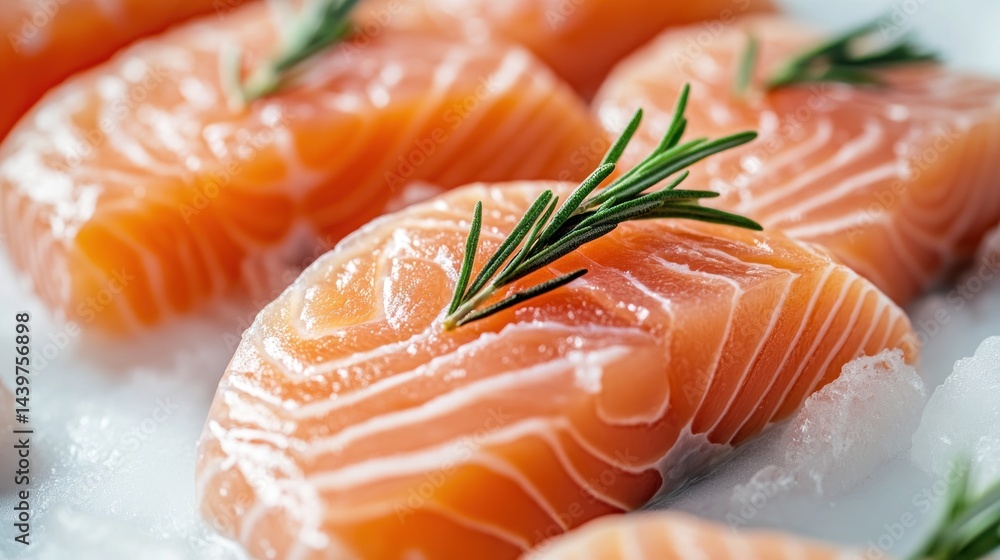 Fresh salmon fillets on ice with rosemary sprigs Fresh salmon fillets on ice with rosemary sprigs