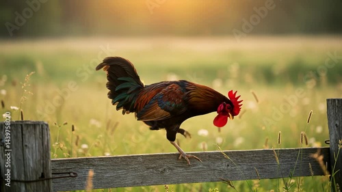 Rooster crowing on a wooden fence during sunrise in a countryside field.