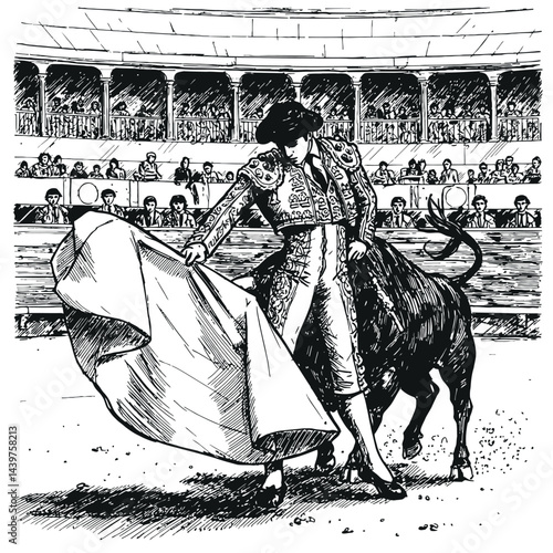 Historic Bullfighting Scene: Juan Belmonte and the Toro. Classic pen and ink drawing capturing the intensity of the bullfight.