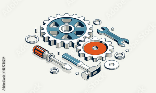 Mechanical engineering concept, gears and tools in 3D isometric projection vector illustration, cogwheels and cogs system technology and technics work in progress.