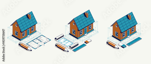 House project concept set, 3D isometric vector illustration of a small house and blueprint building project, construction architectural model, residential family small house.