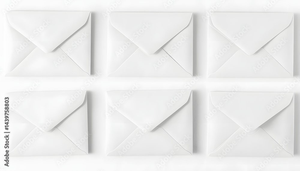 Six identical white envelopes arranged on a white background surface Six identical white envelopes arranged on a white background surface