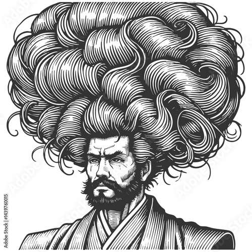 Asian japanese elderly man with an enormous, wild hairstyle and a long beard, wearing traditional robes sketch engraving generative ai character vector illustration. Scratch board. Black and white.