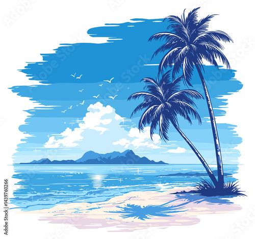 Beach with palm tree silhouettes. Blue sea, ocean, sky,    summer landscape on transparent background. Seashore illustration for holiday destination or tropical vacation backdrop concept.