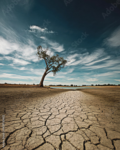 This striking image captures a lone tree amidst a cracked, arid landscape, highlighting the effects of drought and climate change under a dramatic sky.