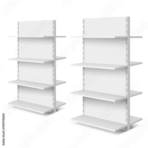 White empty supermarket shelf mockup with racks for product display. Supermarket product advertising blank. Can be use for template your design, promotion, advertising. 