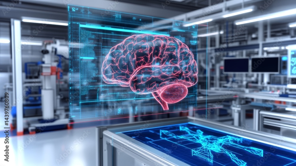 Floating holographic representation of a human brain in a modern technology lab setting