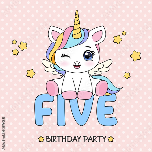 Birthday party invitation template with pastel cute unicorn. Happy Birthday concept. Ready to use and editable template. Fifth year of birth.