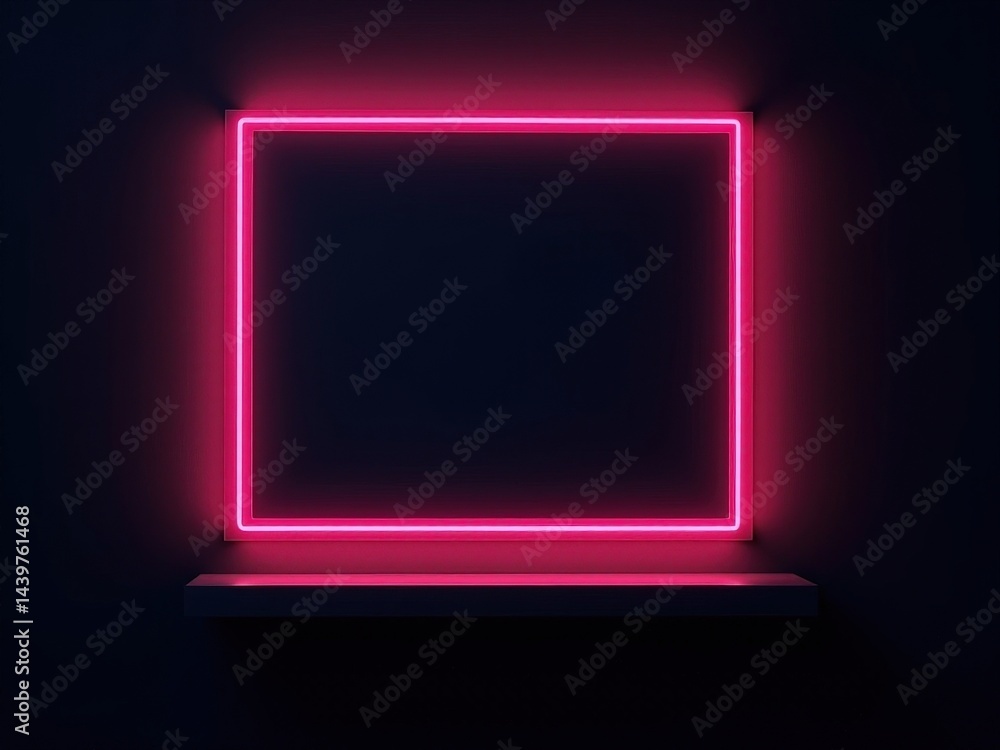 Glowing pink neon frame on dark wall with empty shelf in minimalist design. Glowing pink neon frame on dark wall with empty shelf in minimalist design.
