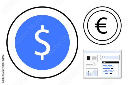 Dollar and euro signs beside a web analytics interface. Ideal for finance, banking, forex, global economy, online business, e-commerce, fintech, simple landing page