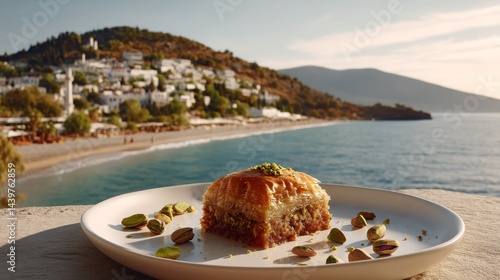 Traditional Baklava Dessert with Scenic Coastal Background View