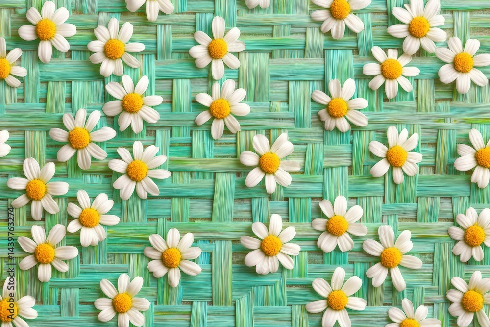 Pretty white daisies arranged on a teal woven background. Pretty white daisies arranged on a teal woven background.