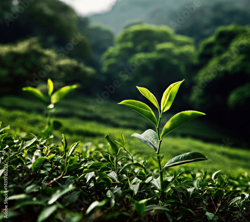 A serene landscape showcasing young tea leaves breaking through lush greenery, symbolizing renewal and the beauty of nature?s cycles.