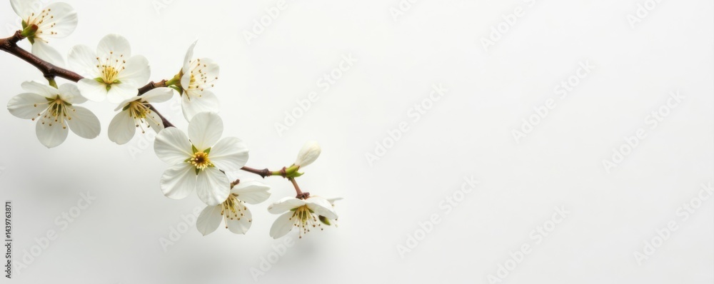 Delicate white blossoms scattered on pure white backdrop , clean, macro, simple Delicate white blossoms scattered on pure white backdrop , clean, macro, simple
