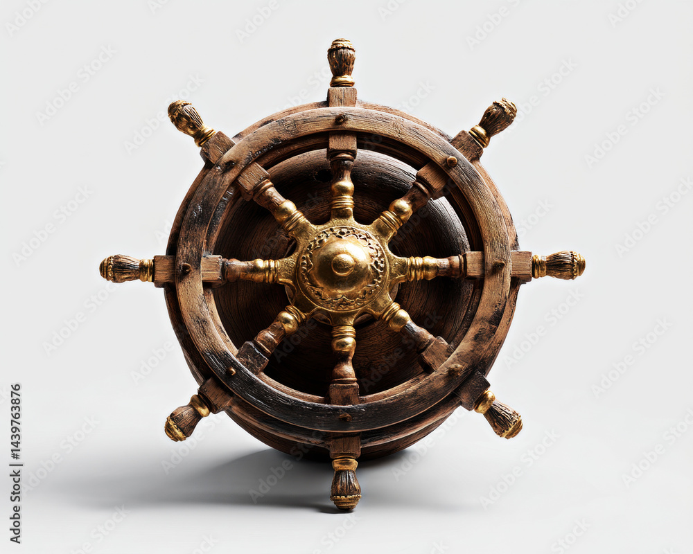 Obraz premium A beautifully crafted wooden ship's wheel with golden accents, symbolizing adventure and maritime heritage.