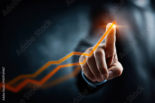 This image showcases a hand pointing at a rising graph, symbolizing growth and success in business.