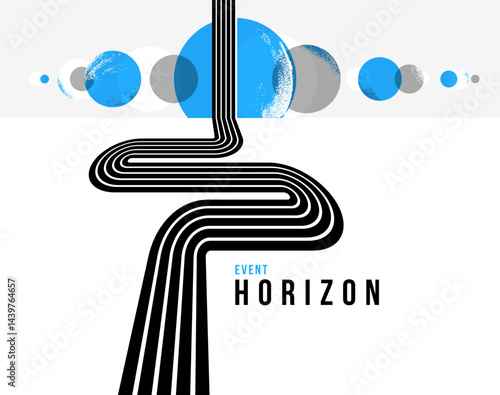 3D black and white lines in perspective with blue elements abstract vector background, linear perspective illustration op art, road to horizon.