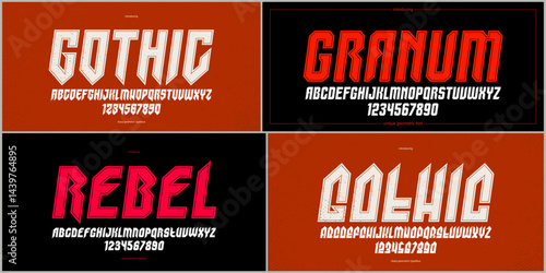 Gothic fonts vector set, vintage sharp cornered geometric typeface collection, strong and heavy alphabet typeset designs, easy to use for logo creation or titles.