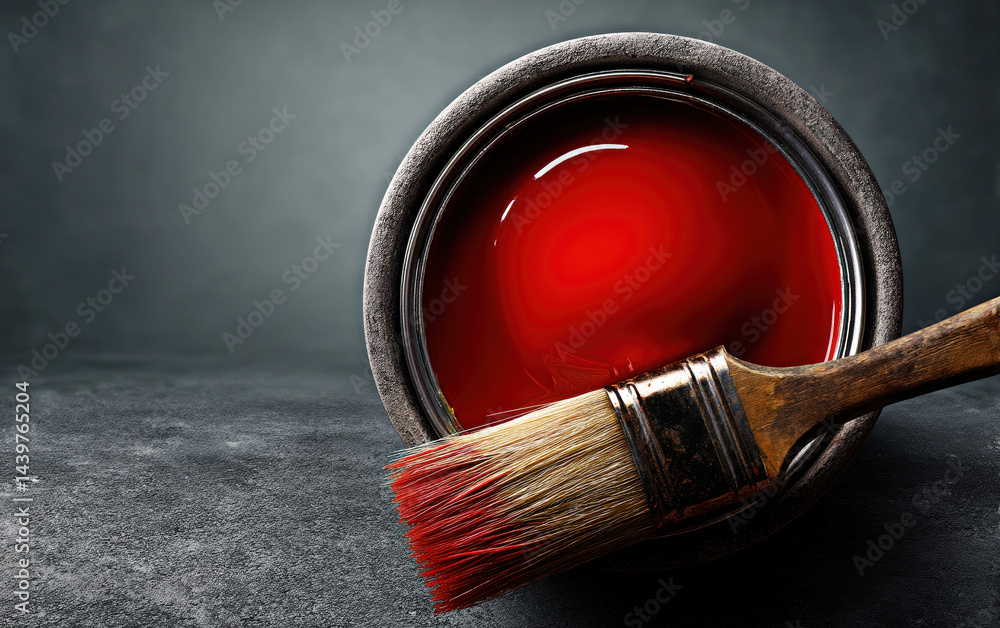 A close-up of a can of rich red paint alongside a brush, set against a dark, textured background, showcasing the beauty of artistic materials ready for use.