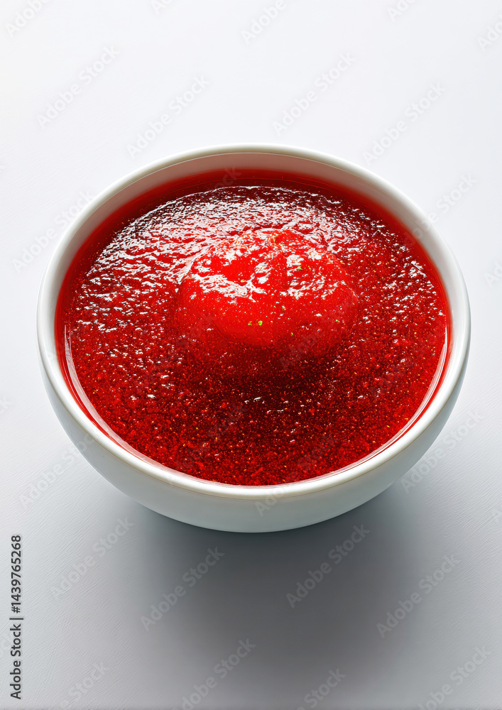 A beautifully presented bowl of bright red sauce with a glossy surface, perfect for enhancing a variety of dishes or enjoying as a flavorful dip.