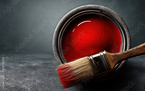 Obraz na płótnie A close-up of a can of rich red paint alongside a brush, set against a dark, textured background, showcasing the beauty of artistic materials ready for use. w salonie