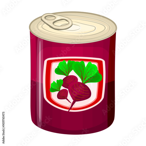 Beet tin can.Canned, stewed, boiled or marinated soup of sweet red beetroot in metallic can package.Preserve food with cut, chopped, freshly squeezed or slice beetroot.Tinned salad of vegetable.Vector