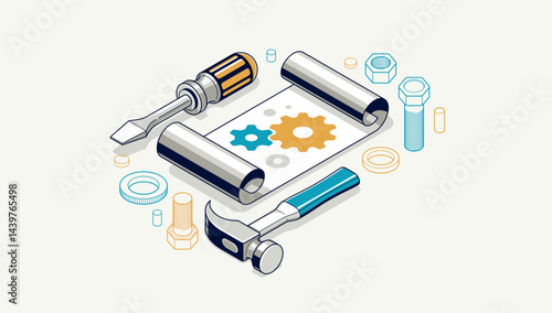 Mechanical engineering project in embodiment implementation concept, engine draft plan drawing and work process, paper sheet with gears and tools 3D isometric vector illustration, repair tutorial.