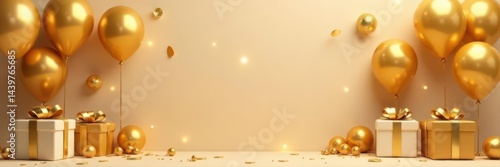 Golden balloons & gift boxes, celebratory backdrop, bow, anniversary, sparkle