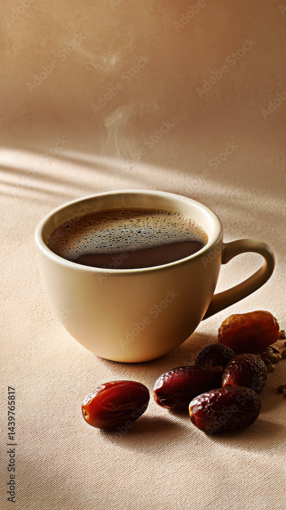 A steaming cup of coffee sits elegantly beside a handful of rich, sweet dates.