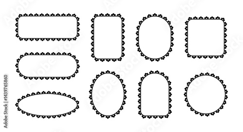 Frames with scallop border. Lace patterns border edges on different geometric shapes circle, rectangle and square. Set of black vector elements isolated on white background.