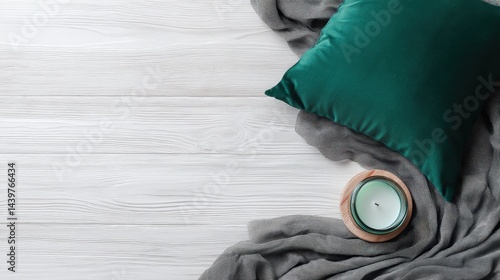 Cozy Green Cushion, Candle, and Gray Fabric on White Wooden Background