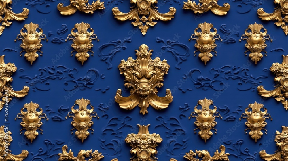 Baroque-inspired golden damask motif on deep blue surface, seamless background style Baroque-inspired golden damask motif on deep blue surface, seamless background style