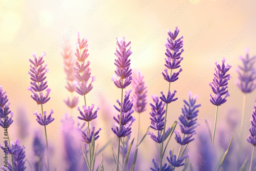 Naklejka premium Delicate lavender blossoms bathed in warm sunlight.