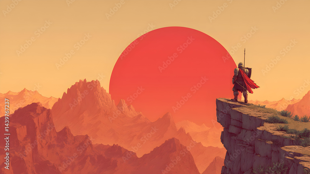 Fototapeta premium Illustration of a warrior in full armor standing on a cliff at sunset, minimalist style.