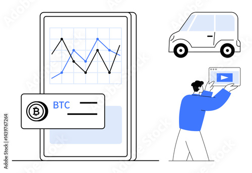 Mobile device displaying cryptocurrency trends with a BTC label, man carrying a screen, and a compact car. Ideal for crypto trading, fintech, investment tools, digital economy, future tech, modern