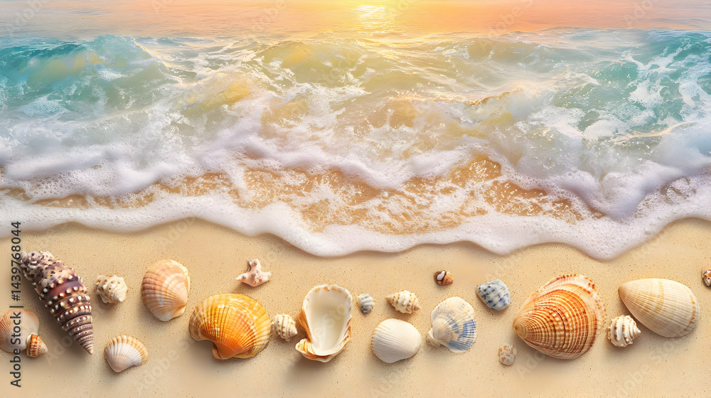 Seashells and Ocean Waves on a Sandy Beach: Summer Vacation Scene Seashells and Ocean Waves on a Sandy Beach: Summer Vacation Scene