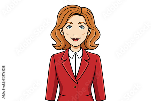 Businesswoman in a stylish red formal suit with a white shirt, posing confidently with a professional look on a clean white background