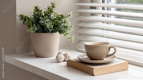 Cozy Indoor Window Scene with Plant, Cup, and Decorative Objects